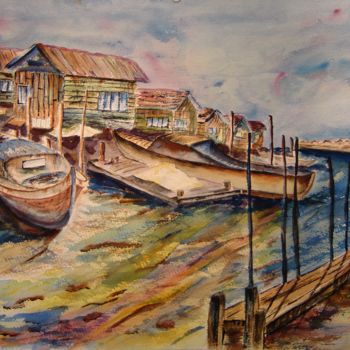 Pintura intitulada "Port de Gujan Mestr…" por Luc Mora, Obras de arte originais, Aquarela