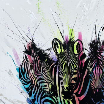 Malerei mit dem Titel "Three Colored Zebras" von Luca Azzurro Arts, Original-Kunstwerk, Acryl Auf Keilrahmen aus Holz montie…