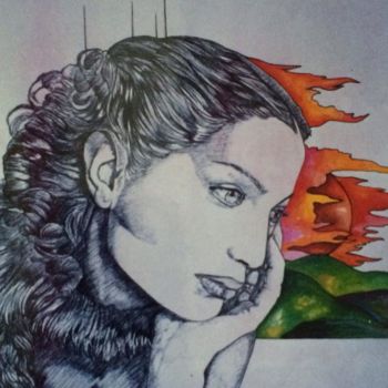 Drawing titled "Volto femminile" by Luca Martinoli, Original Artwork, Ballpoint pen