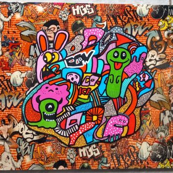 Pintura titulada "happy street pop bo…" por Luca Oddoni (OneFake), Obra de arte original, Acrílico Montado en Otro panel ríg…