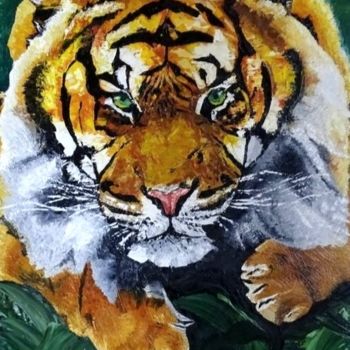 Painting titled "Tigre" by Luca Cistaro, Original Artwork, Oil Mounted on Wood Stretcher frame