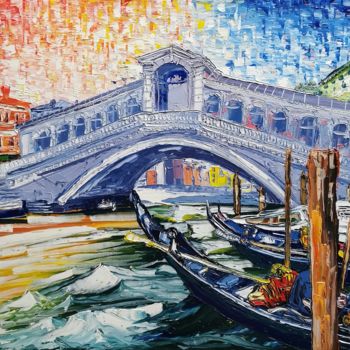 Painting titled "Ponte di Rialto (Ve…" by Luca Cistaro, Original Artwork, Oil Mounted on Wood Stretcher frame