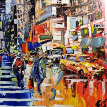 Painting titled "City Life" by Luca Cistaro, Original Artwork, Oil Mounted on Wood Stretcher frame
