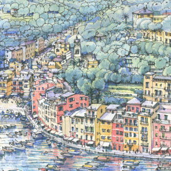 Painting titled "Portofino" by Luca Massone, Original Artwork, Watercolor