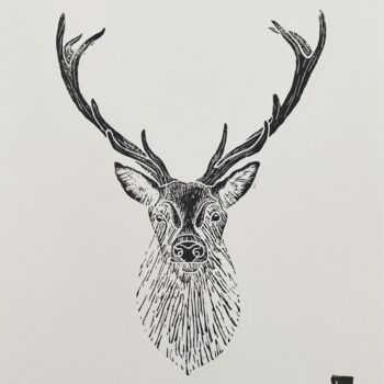 Gravures & estampes intitulée "Cerf" par Lucas Martin (LM), Œuvre d'art originale, Linogravures