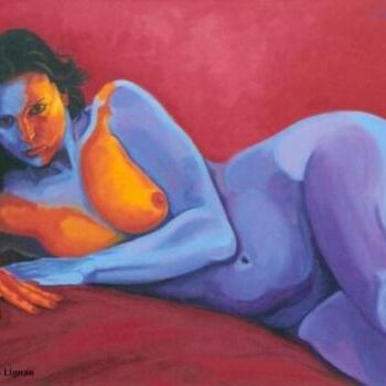 Painting titled "Femme sur Rouge Sat…" by Luccia Lignan, Original Artwork, Acrylic