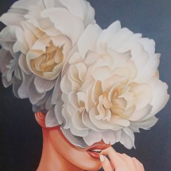 Painting titled "Women and white rose" by Vasyl Luchkiv, Original Artwork, Oil