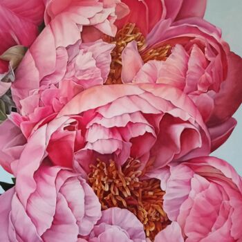 Painting titled ""Pink piones"" by Vasyl Luchkiv, Original Artwork, Oil