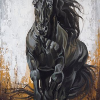 Painting titled ""Black horse"" by Vasyl Luchkiv, Original Artwork, Oil