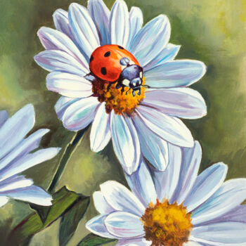 Schilderij getiteld "Ladybug on white da…" door Lucia Verdejo, Origineel Kunstwerk, Olie Gemonteerd op Houten paneel