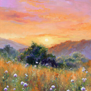Peinture intitulée "Summer sunset field…" par Lucia Verdejo, Œuvre d'art originale, Huile Monté sur Panneau de bois