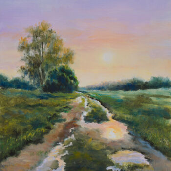Painting titled "Rainy country road…" by Lucia Verdejo, Original Artwork, Oil Mounted on Wood Panel