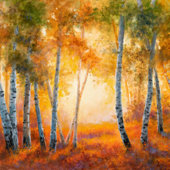 Painting titled "Autumn birch tree f…" by Lucia Verdejo, Original Artwork, Oil Mounted on Wood Panel