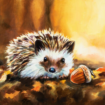Painting titled "Hedgehog with acorn…" by Lucia Verdejo, Original Artwork, Oil Mounted on Wood Panel