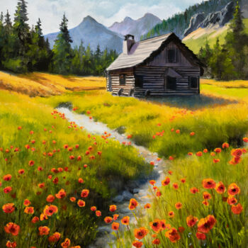 Painting titled "Mountain cabin scen…" by Lucia Verdejo, Original Artwork, Oil Mounted on Wood Panel