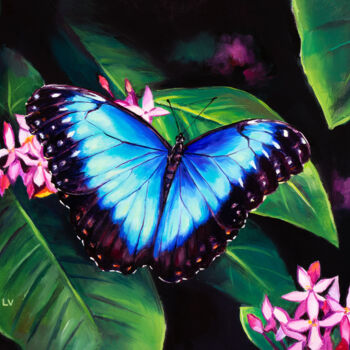 Painting titled "Blue butterfly and…" by Lucia Verdejo, Original Artwork, Oil Mounted on Wood Panel