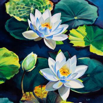Картина под названием "White water lily fl…" - Lucia Verdejo, Подлинное произведение искусства, Масло Установлен на Деревянн…