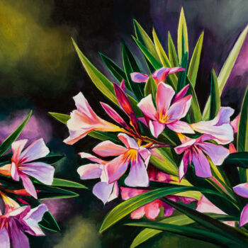 Painting titled "Pink oleander flowe…" by Lucia Verdejo, Original Artwork, Oil Mounted on Wood Panel