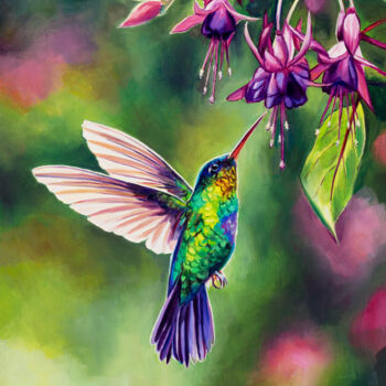 Malarstwo zatytułowany „Hummingbird with fu…” autorstwa Lucia Verdejo, Oryginalna praca, Olej Zamontowany na Panel drewniany