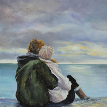 Painting titled "Couple in a cloudy…" by Lucia Verdejo, Original Artwork, Oil Mounted on Wood Panel
