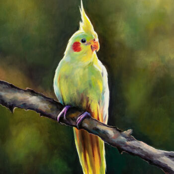 Painting titled "Yellow cockatiel on…" by Lucia Verdejo, Original Artwork, Oil Mounted on Wood Panel
