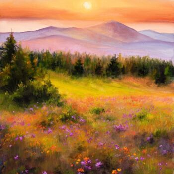 Painting titled "Blooming meadow in…" by Lucia Verdejo, Original Artwork, Oil Mounted on Wood Panel