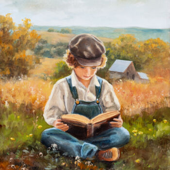 Painting titled "Farmer boy reading…" by Lucia Verdejo, Original Artwork, Oil Mounted on Wood Panel