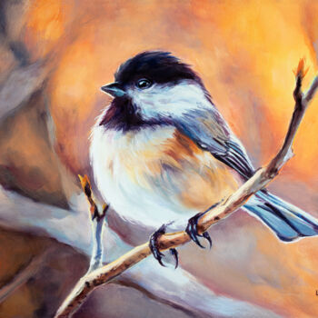 Painting titled "Chickadee bird port…" by Lucia Verdejo, Original Artwork, Oil Mounted on Wood Panel