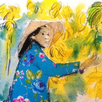 Schilderij getiteld "vietnam en jaune" door Luciana La Marca, Origineel Kunstwerk