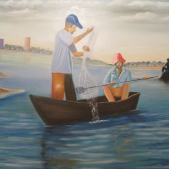 Painting titled "os pescadores do Ri…" by Luciano Bahia, Original Artwork, Oil