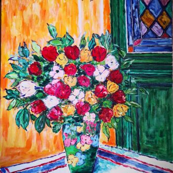 Painting titled ""Vaso con Fiori"" by Luciano Basile, Original Artwork, Oil Mounted on Wood Stretcher frame