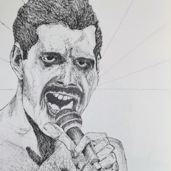 Dessin intitulée "Freddie Mercury (ca…" par Luciano Costa, Œuvre d'art originale, Stylo à bille