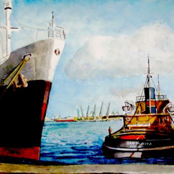 Painting titled "BARCELONE. Le port." by Lucien Chiaselotti, Original Artwork, Watercolor