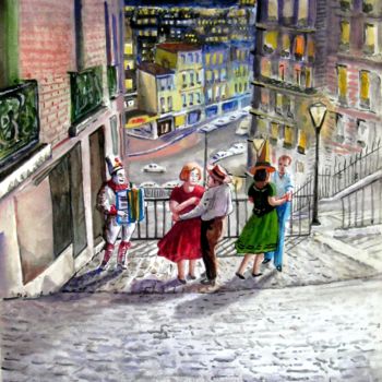 Painting titled "PARIS. Bal du 14 ju…" by Lucien Chiaselotti, Original Artwork, Watercolor