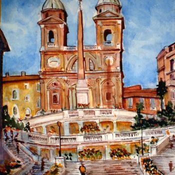 Painting titled "ROME. Place d'Espag…" by Lucien Chiaselotti, Original Artwork, Watercolor