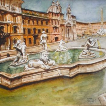 Peinture intitulée "ROME. Place NAVONA." par Lucien Chiaselotti, Œuvre d'art originale, Aquarelle