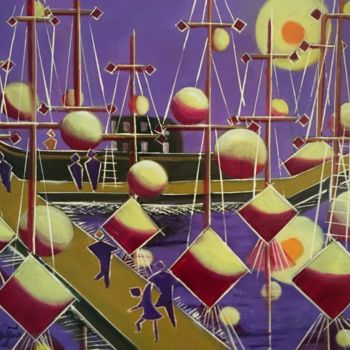 Картина под названием "M29. Port imaginair…" - Lucien Dufour, Подлинное произведение искусства, Масло Установлен на Деревянн…
