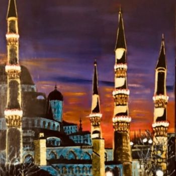 Painting titled "J27. Mosquée Bleue…" by Lucien Dufour, Original Artwork, Oil Mounted on Wood Stretcher frame