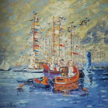 Painting titled "M11 - Bateaux aux a…" by Lucien Dufour, Original Artwork, Oil Mounted on Wood Stretcher frame