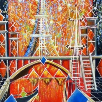 Malarstwo zatytułowany „N7 La Tour Eiffel i…” autorstwa Lucien Dufour, Oryginalna praca, Olej Zamontowany na Drewniana rama…