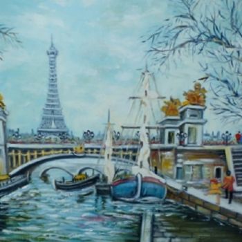 绘画 标题为“N9-Le pont Alexandr…” 由Lucien Dufour, 原创艺术品, 油 安装在木质担架架上