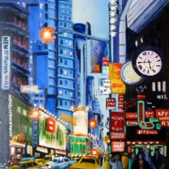 Painting titled "J12-Manhattan fond…" by Lucien Dufour, Original Artwork, Oil Mounted on Wood Stretcher frame