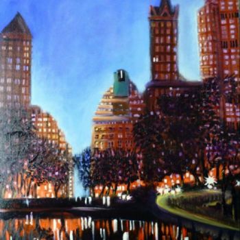 Painting titled "J15-Manhattan le so…" by Lucien Dufour, Original Artwork, Oil Mounted on Wood Stretcher frame