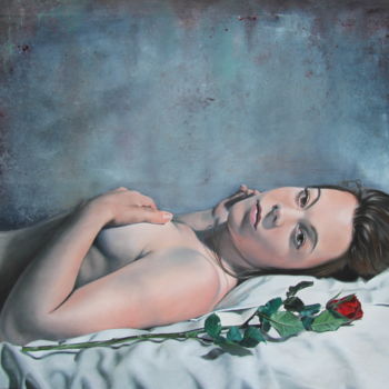 Painting titled "La rose éternelle" by Lucy Michiels, Original Artwork, Oil Mounted on Wood Stretcher frame