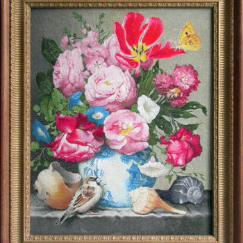 Textile Art με τίτλο "Цветы в азиатской в…" από Вышитые Картины, Αυθεντικά έργα τέχνης, Κέντημα