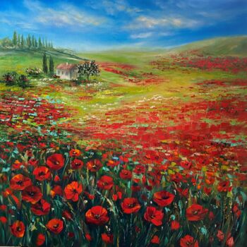 Painting titled "Poppies Infinity" by Ludmila Gorbunova, Original Artwork, Oil Mounted on Wood Stretcher frame