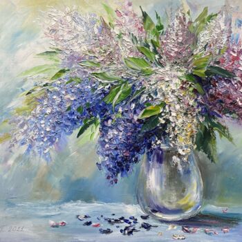 Painting titled "Blooming Lilac" by Ludmila Gorbunova, Original Artwork, Oil Mounted on Wood Stretcher frame