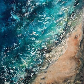 Painting titled "Sea Line" by Ludmila Gorbunova, Original Artwork, Oil Mounted on Wood Stretcher frame