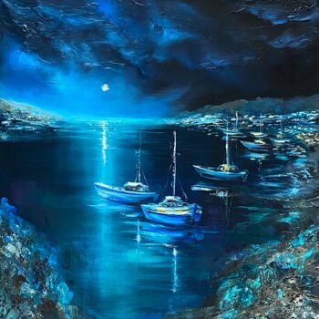 Painting titled "Moonlight Harbor" by Ludmila Gorbunova, Original Artwork, Oil Mounted on Wood Stretcher frame