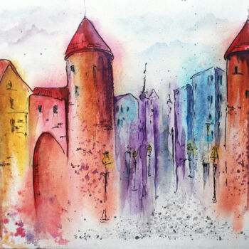 Schilderij getiteld "Colorful City" door Ludmila Kolbenova, Origineel Kunstwerk, Aquarel